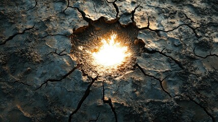 Poster - Crack in the Ground with Glowing Light Emanating from the Center, Symbolizing Energy, Heat, or a Natural Phenomenon in a Desolate Landscape