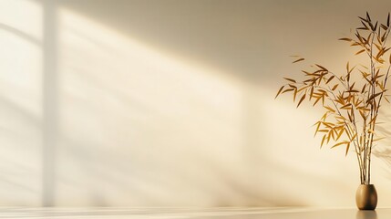 Poster - Golden bamboo leaf pattern against a soft gradient white backdrop, creating space for text to be inserted.