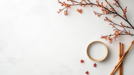 Poster - Golden bamboo stems forming a circle, adorned with vibrant red blossoms, featuring a minimalist white design with room for text.