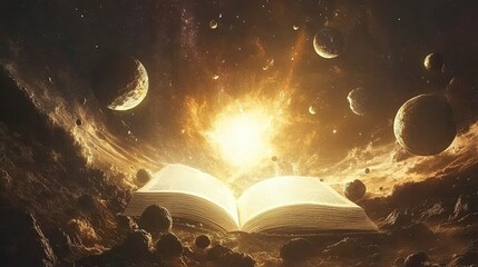 Poster - An Open Book Surrounded by a Cosmic Scene with Celestial Bodies, Stars, and a Dazzling Bright Light in a Mystical Universe