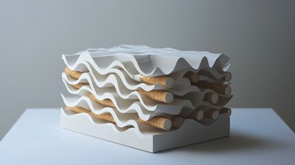 Poster - Unique Abstract Sculpture with Wavy White Design and Cylindrical Elements on a Minimalist Table Top, Perfect for Modern Art Enthusiasts and Contemporary Interior Spaces