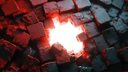 Poster - Abstract art of vibrant red light emerging from a broken wall made of gray bricks, highlighting a contrast between dark textures and bright illumination for creative projects.