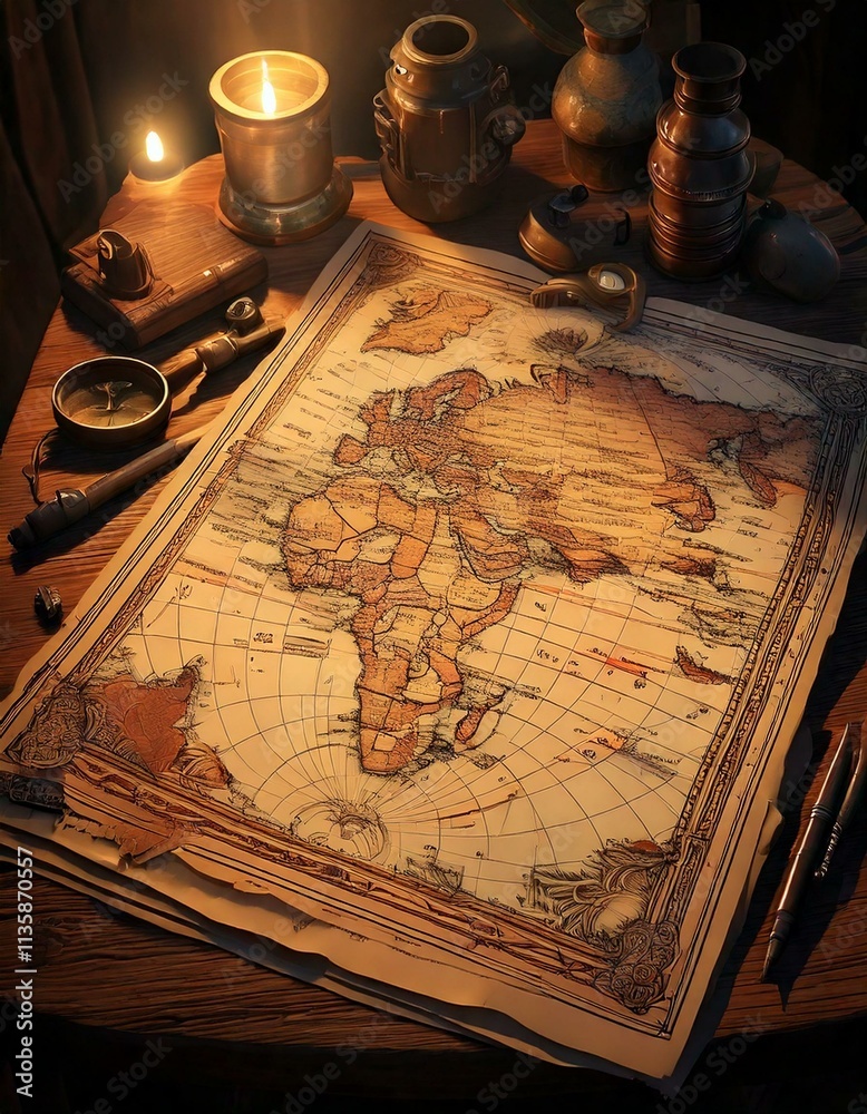 Un antiguo mapa del mundo extendido sobre una mesa de madera, con ...