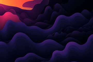 Poster - Abstract Digital Landscape with Curved Layers in Dark Purple and Vibrant Orange Gradients Under a Sunset Sky