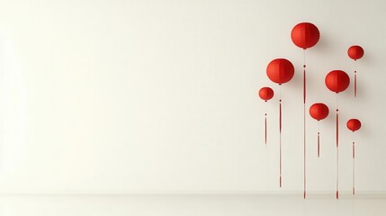 Poster - Delicate trail of red paper lanterns leading into the distance, soft white background with room for text.