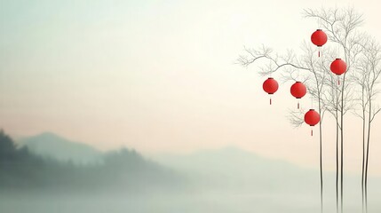 Poster - Delicate red lanterns floating against a soft gradient white backdrop, ample copy space for text.