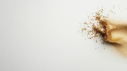 Poster - An abstract wave of golden glitter cascades diagonally on a minimalist white background with plenty of space for text placement.