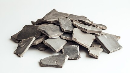 Poster - Pile of Varied Slate Stones in Different Shades of Gray Displayed on a Clean White Surface Ideal for Background Textures or Natural Material Designs