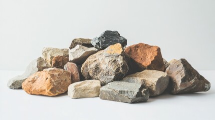 Poster - A Varied Collection of Natural Stones and Rocks Arranged on a Light Background Featuring Diverse Textures and Colors Ideal for Backgrounds or Nature-Themed Projects