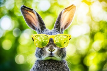 Wall Mural - Adorable rabbit wearing bright yellow sunglasses against a blurred green background, showcasing a playful and fun vibe in nature's playful setting.