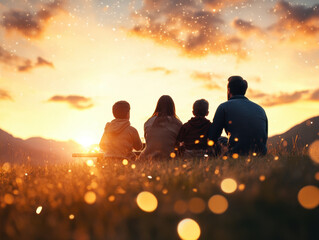 family enjoys sunset together, creating warm and joyful atmosphere. scene captures beauty of nature and bond shared among loved ones