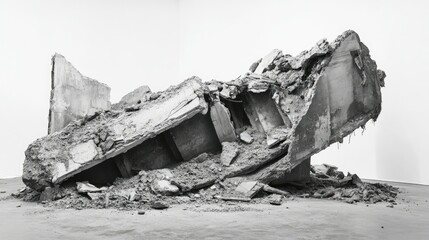 Poster - Abstract Representation of Destroyed Concrete Structure in Black and White, Capturing the Raw Texture and Chaotic Nature of Urban Decay and Deconstructed Architecture