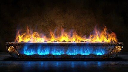 Poster - A Dramatic Close-Up of a Metal Tray Surrounded by Vibrant Flames in Blue and Orange, Creating a Stunning Visual Contrast and Dynamic Energy