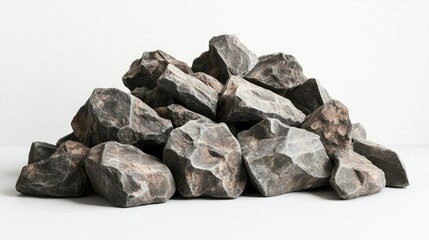 Poster - A Close-Up View of an Irregular Pile of Rough Natural Stones on a White Background, Perfect for Texture and Nature Themes in Digital Projects