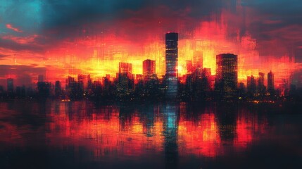 Poster - A vibrant city skyline at sunset, reflecting colorful hues on the water.