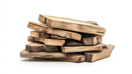 Poster - Stacked Natural Wood Planks on White Background - Ideal for Rustic Interiors, Crafts, and Eco-Friendly Projects in a Modern Aesthetic