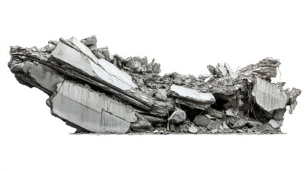 Poster - Abstract Fragmented Concrete Structure Highlighting Urban Decay and Destruction in a Monochrome Setting with Exposed Reinforcement and Crumbling Surfaces