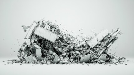 Poster - Dismantled Urban Structure Depicting Chaos and Destruction with Fragmented Concrete and Steel Piles Representing Urban Decay and Demolition in a Minimalistic Background