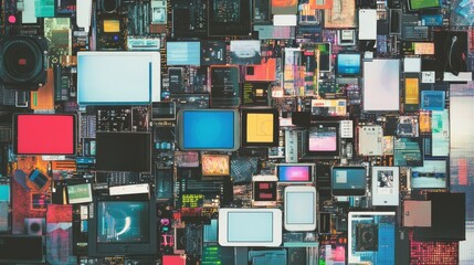 Poster - a vibrant collage of electronic components and screens, showcasing technology's complexity.