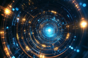 Poster - Captivating abstract representation of a glowing spiral tunnel with luminous blue and orange particles swirls, creating a sense of depth and motion in a futuristic digital space.