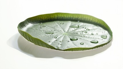 Aufkleber - Dewy Lotus Leaf with Water Drops on White Background, Showcasing Natural Beauty and Texture in Botany and Nature Photography for Environmental Themes