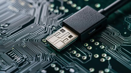 Poster - A close-up image of a USB connector positioned on a circuit board, highlighting the intricate details of technology and connectivity.