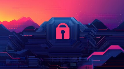 Aufkleber - A digital landscape featuring a lock symbol, representing cybersecurity and data protection against a vibrant sunset backdrop.