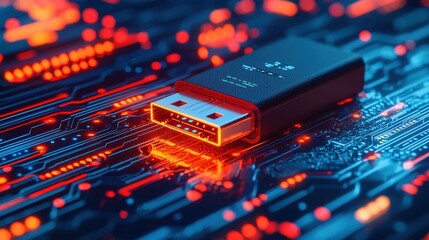 Poster - A close-up of a USB drive glowing against a circuit board background, showcasing technology and digital connectivity.
