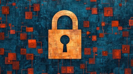 Aufkleber - A stylized padlock in golden hue against a blue and red abstract background, symbolizing security and protection.