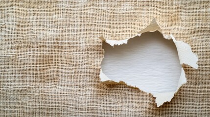 Poster - Torn Paper on Natural Burlap Fabric Background Revealing Blank Space for Copy or Design, Ideal for Creative Projects Such as Invitations, Ads, and Artworks