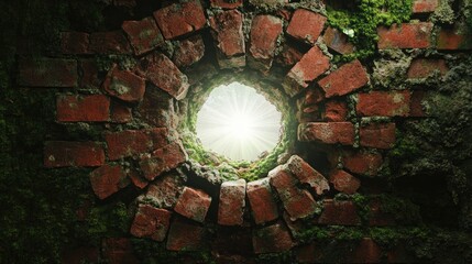 Poster - A Close-Up View of a Round Hole in an Old Brick Wall Surrounded by Green Moss and Showing Bright Light from Outside, Symbolizing Hope and New Beginnings