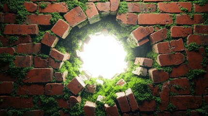 Poster - A Broken Brick Wall with Crumbling Edges and Vivid Green Moss, Illuminated by Bright Light from Behind, Symbolizing Change and Transformation