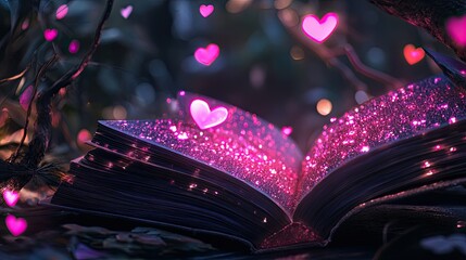Poster - Enchanted Open Book with Sparkling Hearts in a Dreamy Forest Setting Underneath the Stars, Magical Nighttime Scene Filled with Wonder and Imagination