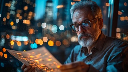 Aufkleber - A man is reading a paper in a city at night