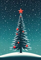 Wall Mural - A stylized snow covered Christmas tree adorned with red ornaments stands under a falling snow backdrop. A red star tops the tree in this winter scene