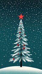 Wall Mural - A stylized snow covered Christmas tree adorned with red ornaments stands under a falling snow backdrop. A red star tops the tree in this winter scene