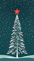 Wall Mural - A stylized snow covered Christmas tree adorned with red ornaments stands under a falling snow backdrop. A red star tops the tree in this winter scene