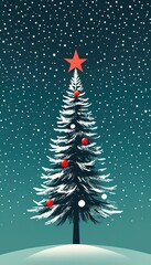 Wall Mural - A stylized snow covered Christmas tree adorned with red ornaments stands under a falling snow backdrop. A red star tops the tree in this winter scene