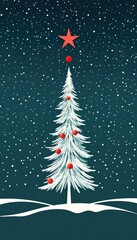 Wall Mural - A stylized snow covered Christmas tree adorned with red ornaments stands under a falling snow backdrop. A red star tops the tree in this winter scene