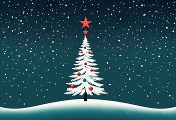Wall Mural - A stylized snow covered Christmas tree adorned with red ornaments stands under a falling snow backdrop. A red star tops the tree in this winter scene