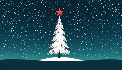 Wall Mural - A stylized snow covered Christmas tree adorned with red ornaments stands under a falling snow backdrop. A red star tops the tree in this winter scene