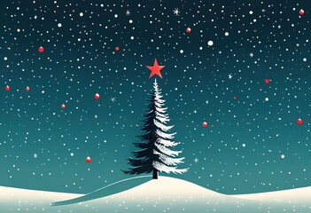 Wall Mural - A stylized snow covered Christmas tree adorned with red ornaments stands under a falling snow backdrop. A red star tops the tree in this winter scene