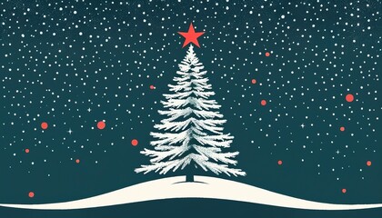 Wall Mural - A stylized snow covered Christmas tree adorned with red ornaments stands under a falling snow backdrop. A red star tops the tree in this winter scene