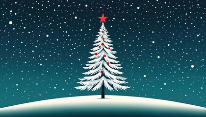 Wall Mural - A stylized snow covered Christmas tree adorned with red ornaments stands under a falling snow backdrop. A red star tops the tree in this winter scene