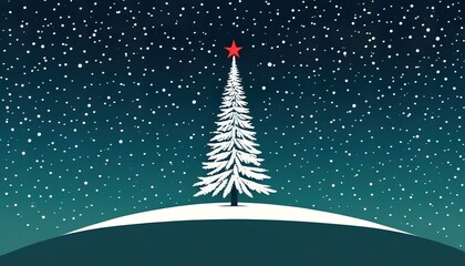 Wall Mural - A stylized snow covered Christmas tree adorned with red ornaments stands under a falling snow backdrop. A red star tops the tree in this winter scene