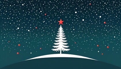 Wall Mural - A stylized snow covered Christmas tree adorned with red ornaments stands under a falling snow backdrop. A red star tops the tree in this winter scene