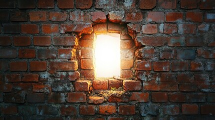 Poster - Bright Light Emerging from a Cracked Red Brick Wall, Symbolizing Hope and Possibility Through an Unexpected Opening in Urban Architecture