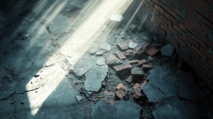 Poster - Light Breaking Through Dusty Window Illuminates Cracked Floor with Exposed Bricks in Abandoned Industrial Setting, Capturing the Essence of Time and Decay