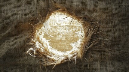 Poster - Textured Burlap Fabric with Frayed Edges and a Circular Hole Illuminated by Soft Light, Ideal for Rustic Backgrounds and Natural Themes in Photography and Design