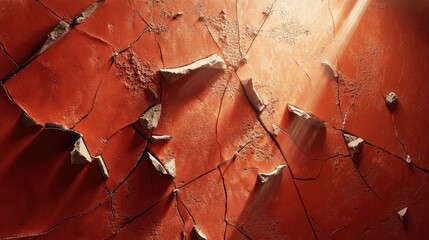 Poster - Detailed Image of a Cracked Red Wall Surface with Exposed Texture and Lighting Effects Creating an Abstract Artistic Appearance
